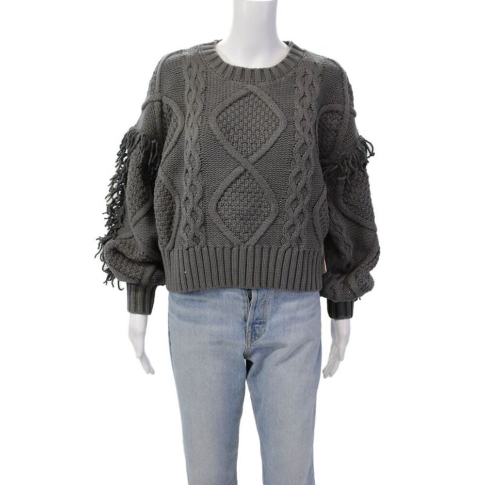 Line And Dot Womens Chunky Crochet Knit Fringe Cropped Sweater Gray Cotton Small